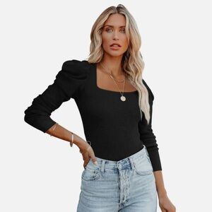 Reoria black ribbed puff sleeve bodysuit thong
